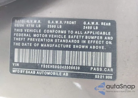 2004 Saab 9-5 Aero from USA, damaged, VIN YS3EH59G343506639